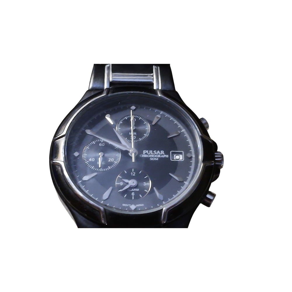 Pulsar Watch Chronograph Men Size 6.5 Black Silver Date Alarm Water Resistant
